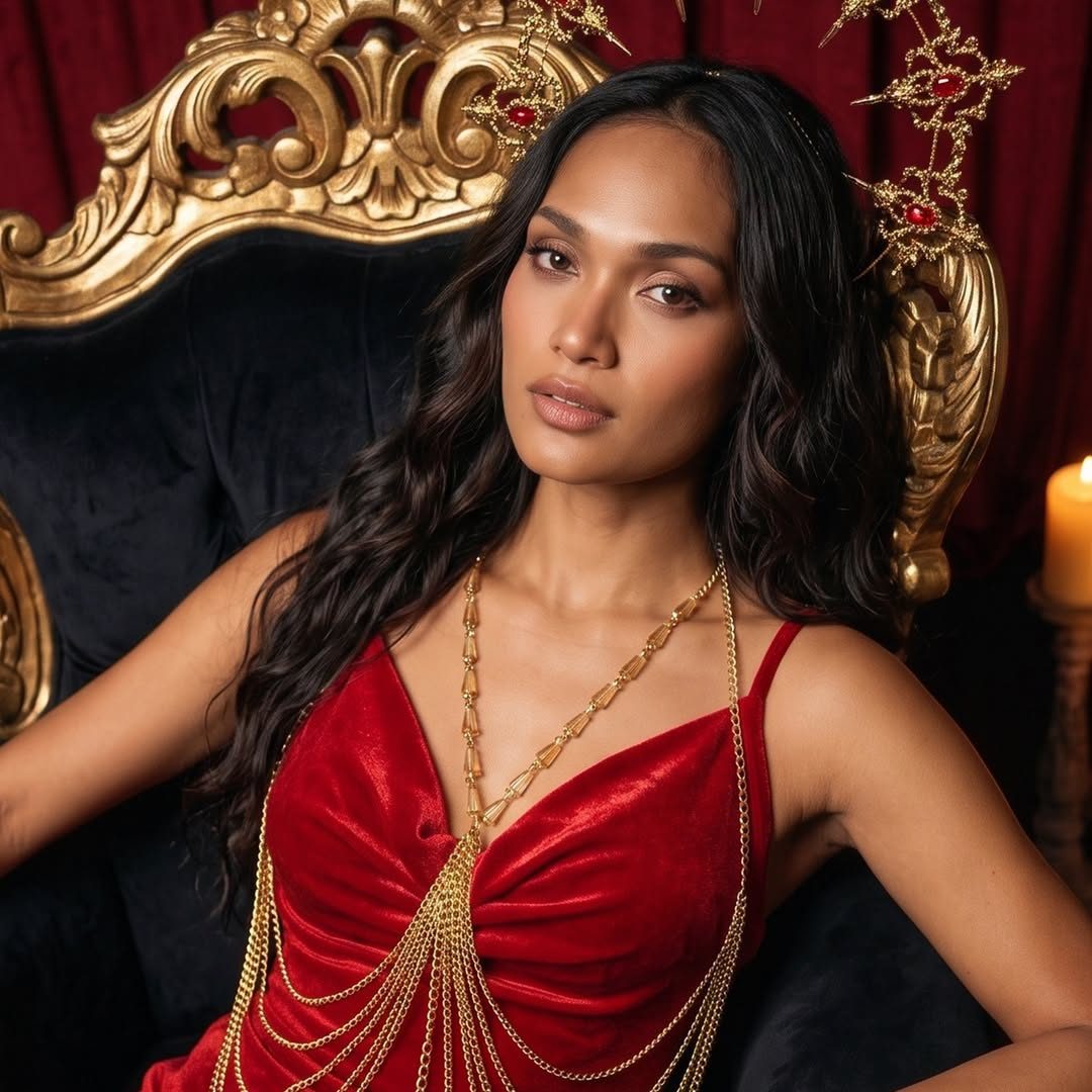 Mannequin en robe de velours rouge et chaînes dorées, assise sur un trône baroque